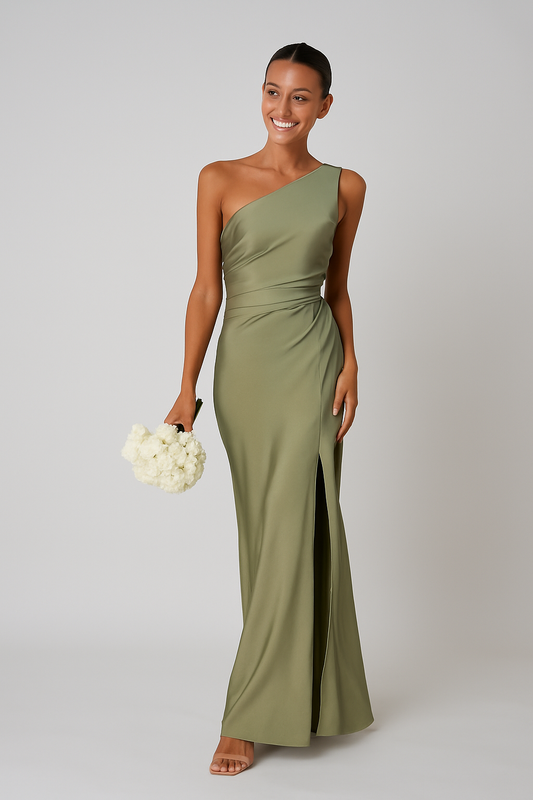 Satin Finish One Shoulder Maxi Dress With High Slit