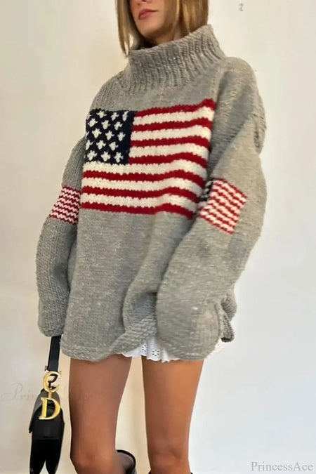 Loose Fit Retro Stars and Stripes Turtleneck Jumper