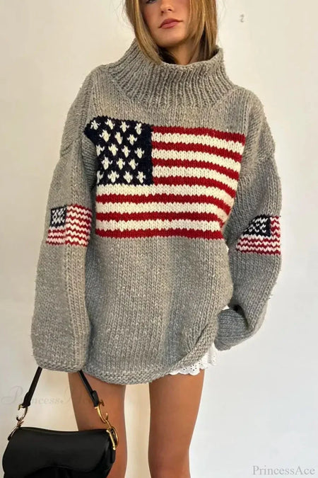 Loose Fit Retro Stars and Stripes Turtleneck Jumper