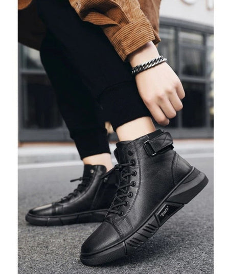 Men's Rugged Black Leather Ankle Boots