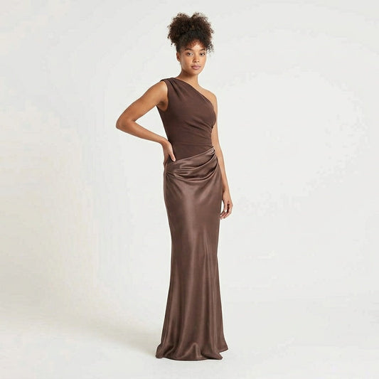 One Shoulder Pleated Formal Floor Length Gown