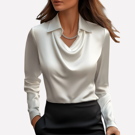Draped Cowl Neck Satin Look Long Sleeve Blouse