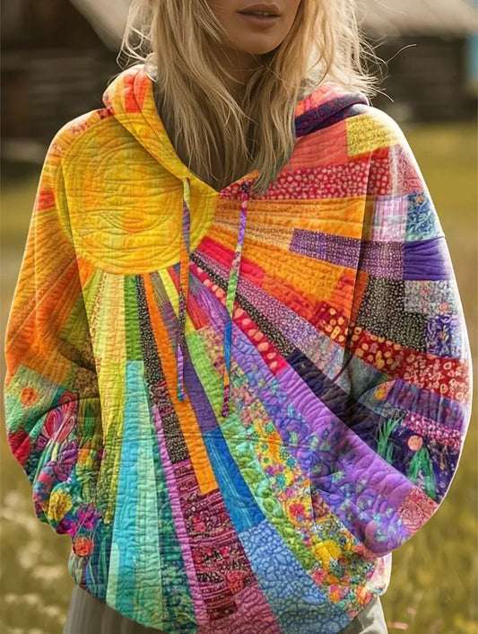 Women's Boho Sunburst Patchwork Hooded Sweatshirt