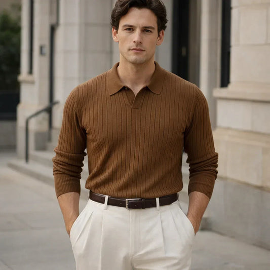 V-Neck Long Sleeve Ribbed Polo