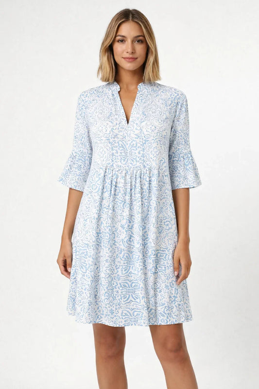 Boho Print Short Sleeve V-Neck Mini Dress
