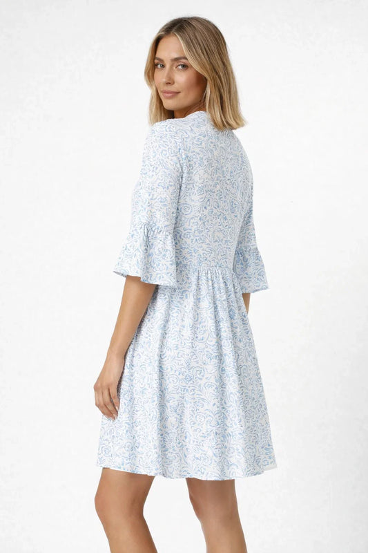 Boho Print Short Sleeve V-Neck Mini Dress