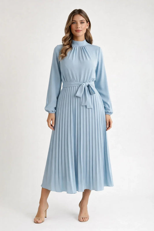 Long Sleeve Pleated Belted High Neck Midi Dress