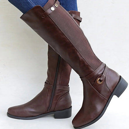 Women's Knee-High Block Heel Boots with Elastic Panels