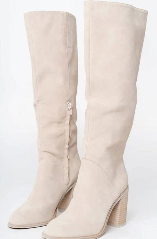 Women's Faux Suede Stacked Heel Knee High Boots